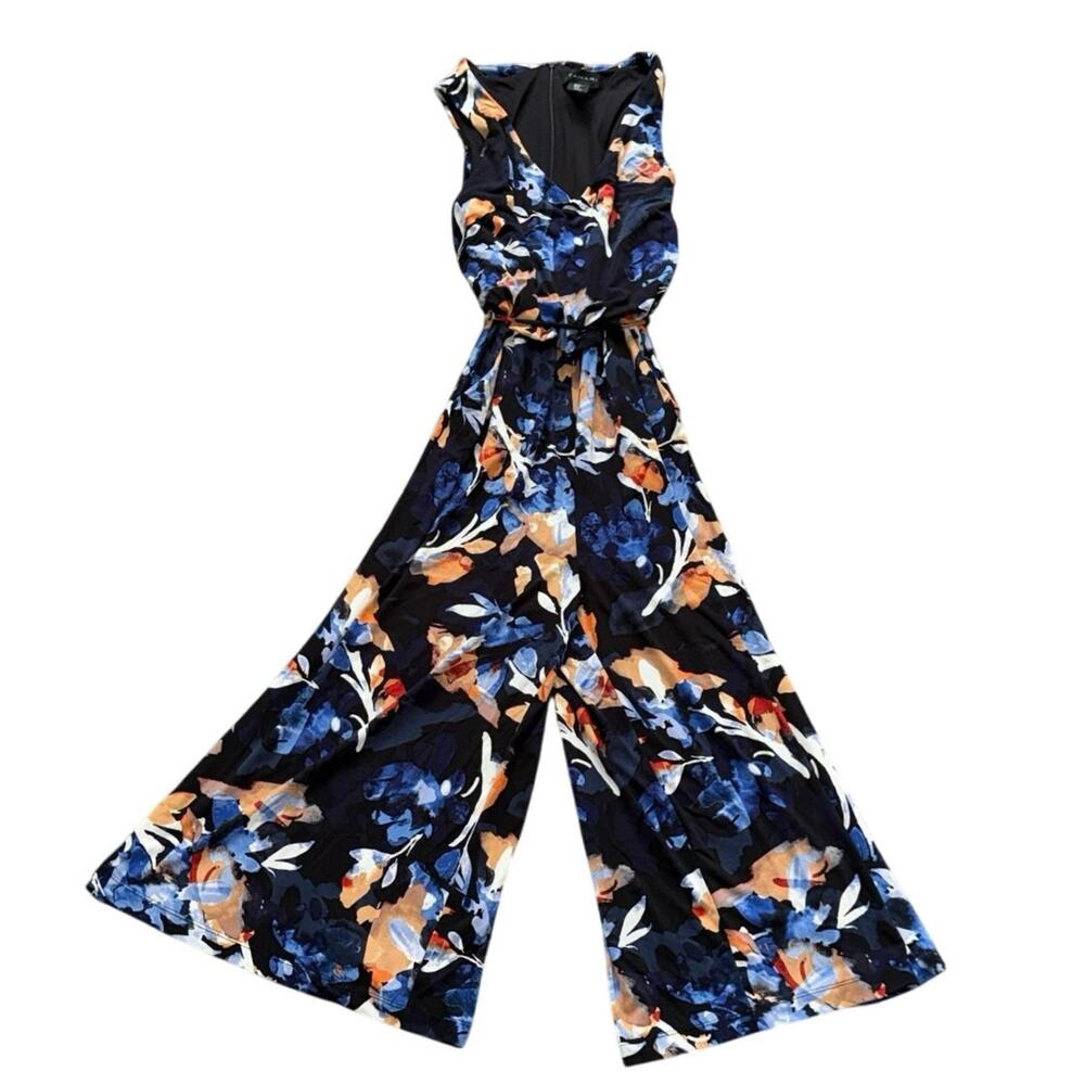 Tahari Women’s Abstract Floral Jumpsuit Size M Wide Leg Sleeveless Tie Belt
